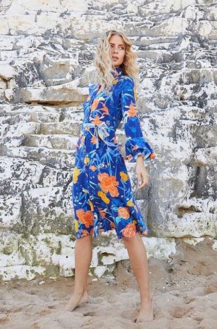 Beulah Maia Floral-Print Silk Blue Dress